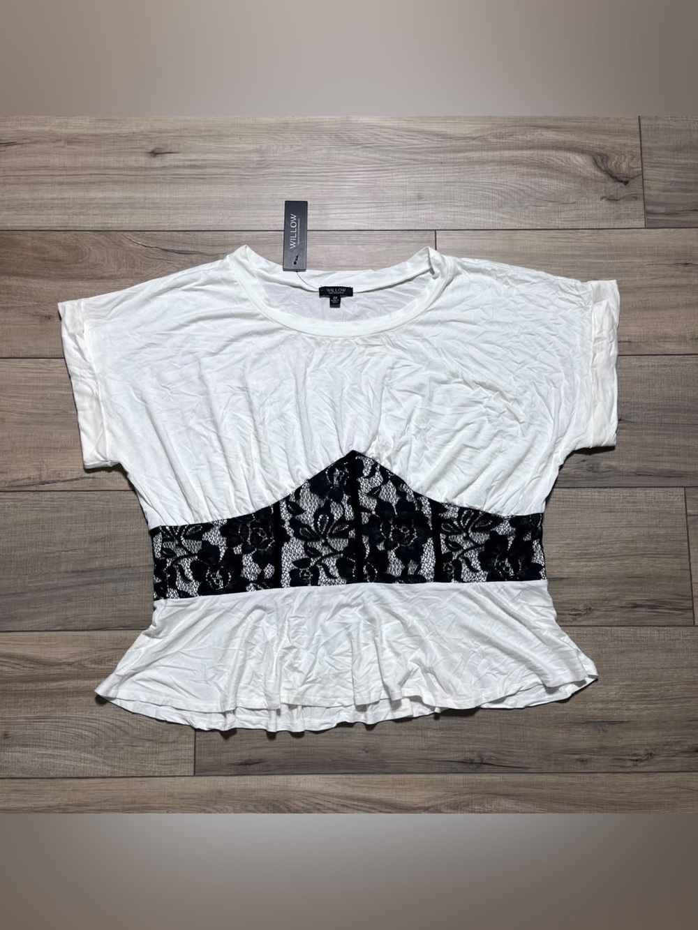 Willow Young Contemporary Womens Short Sleeve Lace Waist Top Size 2X Cream Black